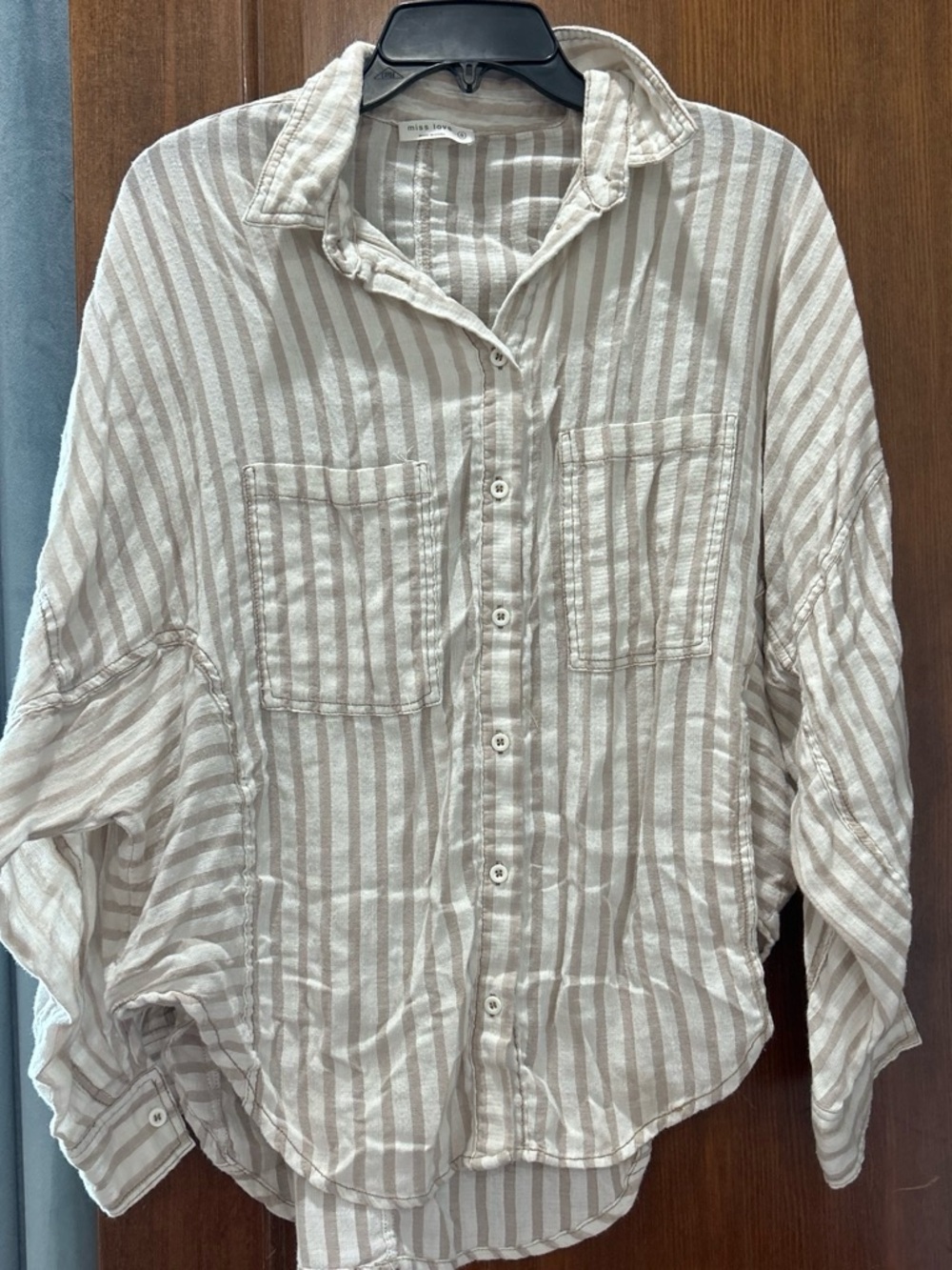 Striped Button-Front Cotton Relaxed Shirt - Beige/White